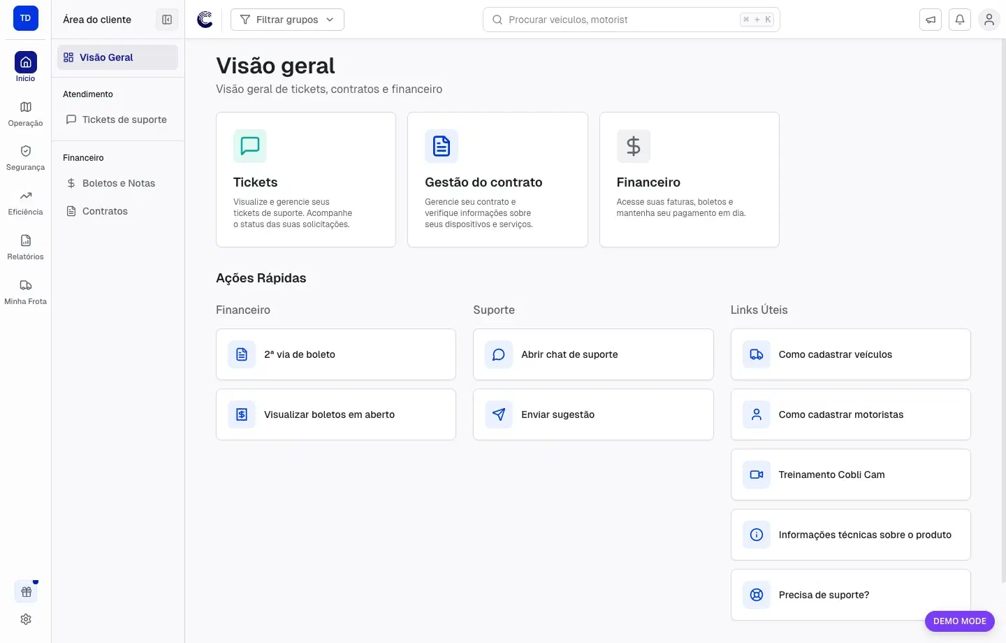 Visão geral da Área do Cliente com cards de Tickets, Gestão do contrato, Financeiro e ações rápidas