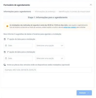 Tela do Painel Cobli — Como solicitar o agendamento de serviços de instalação, troca ou desinstalação