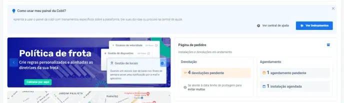 Tela do Painel Cobli — Como solicitar o agendamento de serviços de instalação, troca ou desinstalação