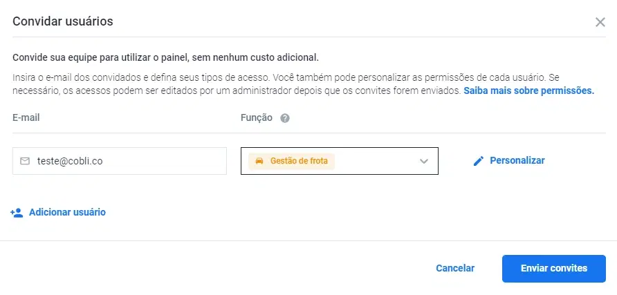 Tela do Painel Cobli — Convidando outros usuários para o painel
