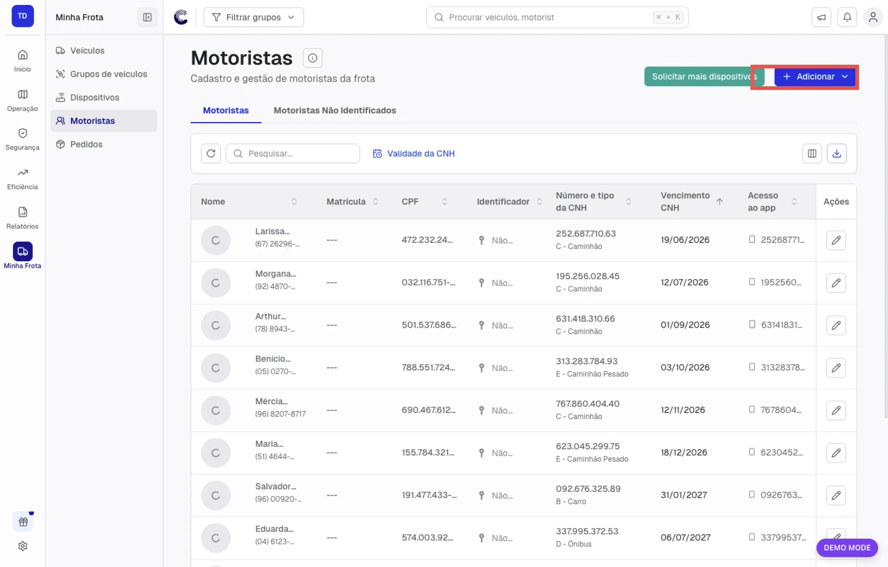 Tela de gestão de motoristas com destaque para o botão de adicionar
