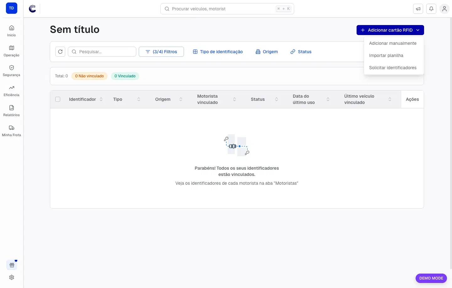 Menu de adicionar identificador com opções de cadastro, importação e solicitação