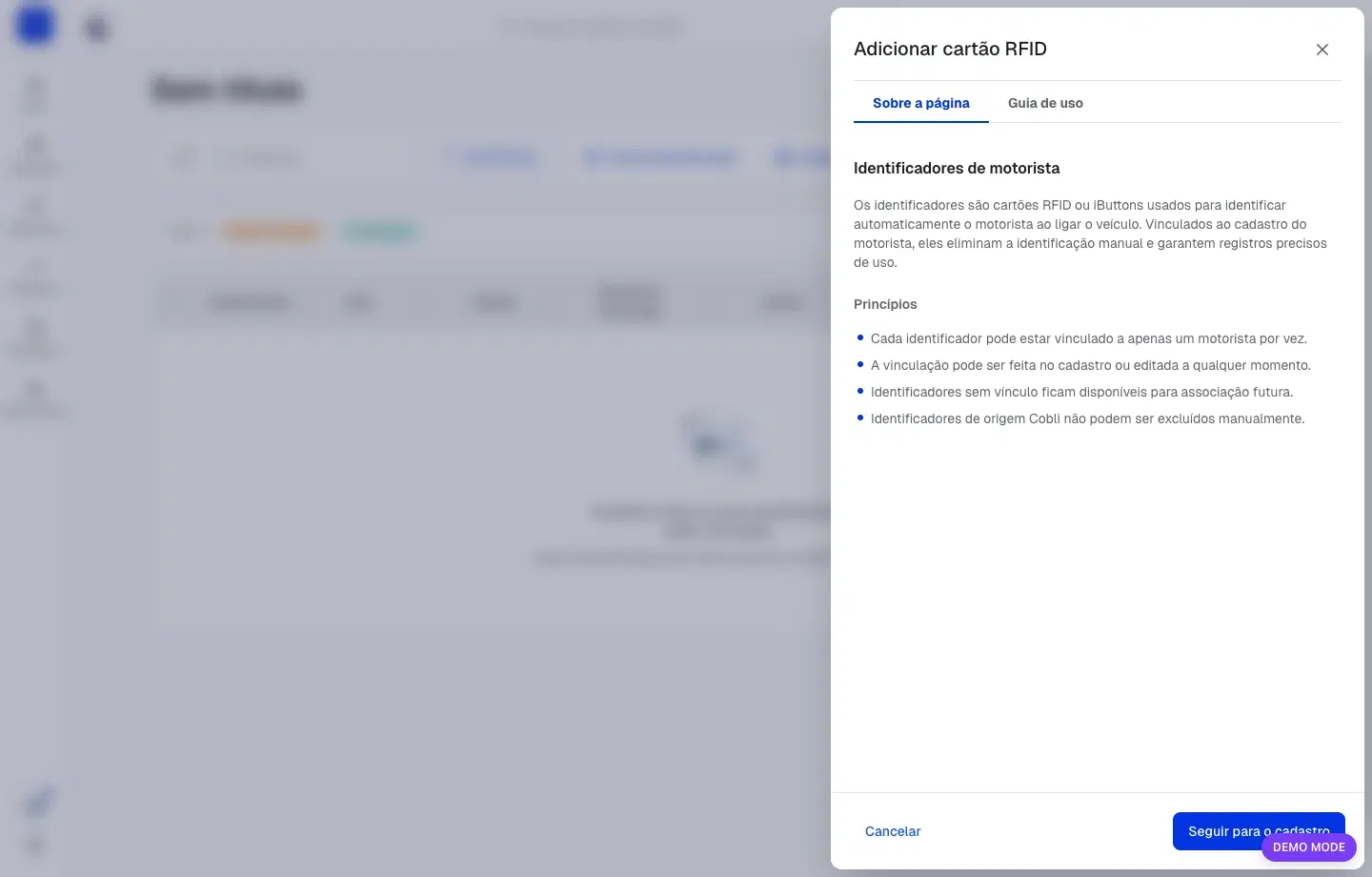 Drawer inicial de adicionar cartão RFID antes de seguir para o cadastro