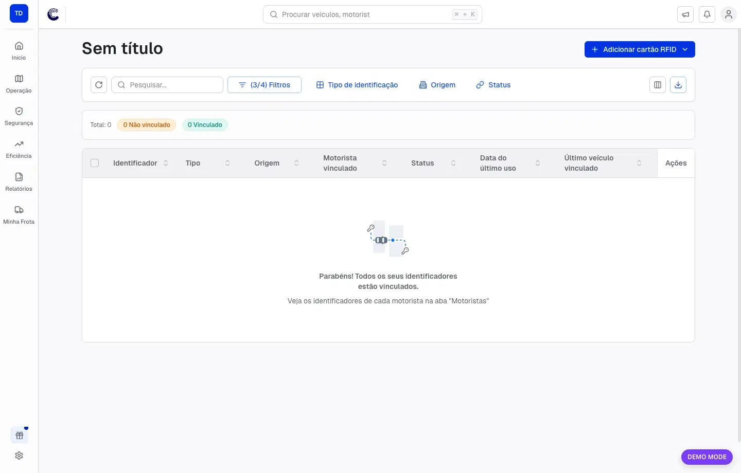 Tela de identificadores com busca, filtros e colunas de vínculo