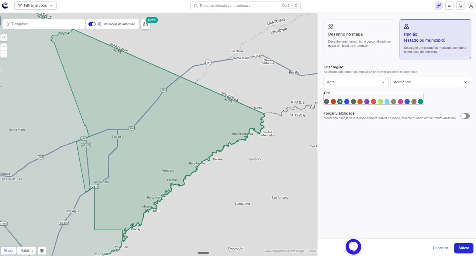 Cadastro de Local de Interesse no modo Região, com listas de estado e município e a área do estado destacada no mapa