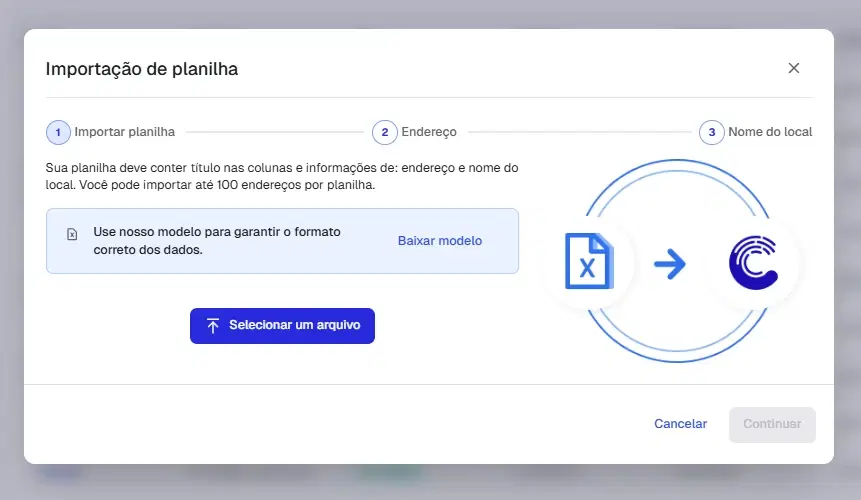 Janela Importação de planilha na primeira etapa, com o botão Baixar modelo e o botão Selecionar um arquivo
