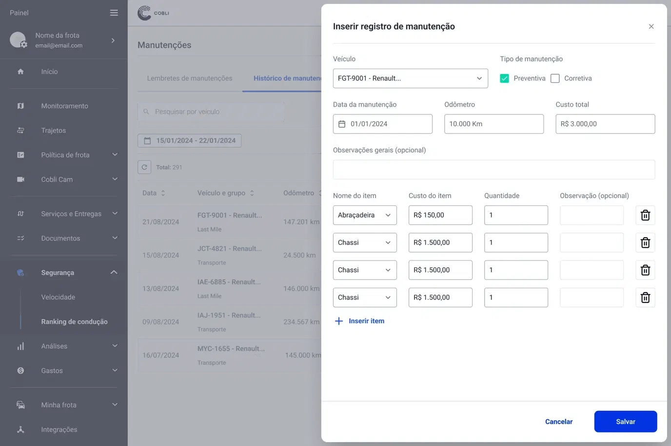 Formulário de registro manual de manutenção com os campos de veículo, tipo de manutenção, data, odômetro, custo total e a lista de itens com custo e quantidade