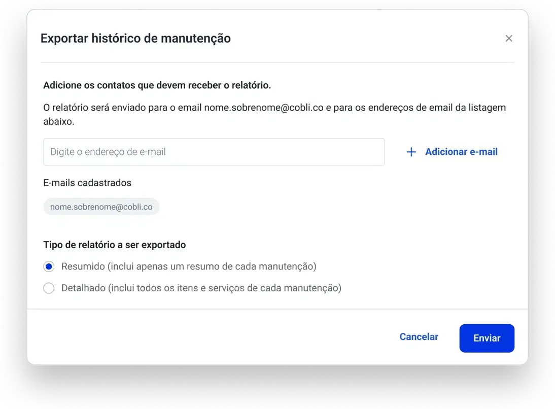 Janela de exportação do histórico de manutenção com a escolha de contatos por e-mail e as opções de tipo de relatório: Resumido e Detalhado