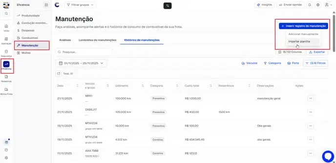 Tela de Manutenção com o menu de inserir registro aberto, mostrando as opções "Adicionar manualmente" e "Importar planilha"