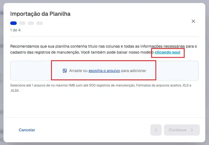 Diálogo "Importação da Planilha" com a área para arrastar ou escolher o arquivo e o link para baixar o modelo de planilha