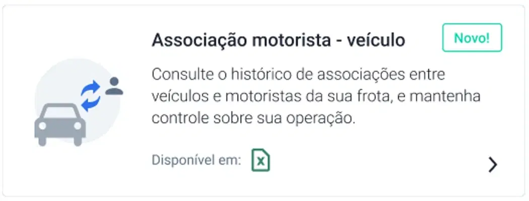 Card "Associação motorista - veículo" na lista de relatórios, com a descrição e o formato de exportação disponível