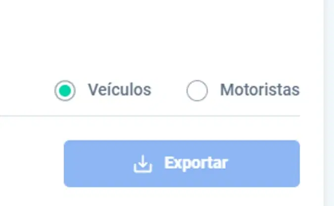Seletor de visão com as opções Veículos e Motoristas, com Veículos selecionado, e o botão Exportar abaixo