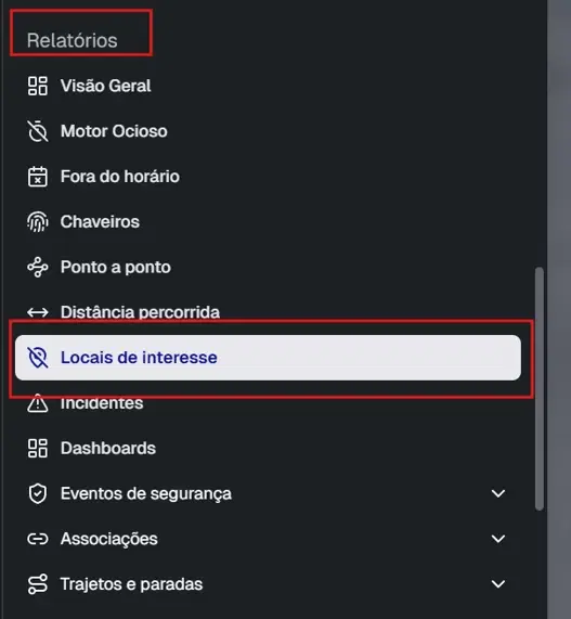 Menu lateral de Relatórios com a opção Locais de interesse destacada
