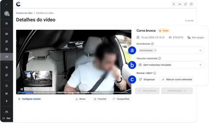 Detalhes do vídeo com o campo Ocorrências mostrando a etiqueta de ocorrência marcada e o multisseletor, além dos campos de motorista e Revisar vídeo