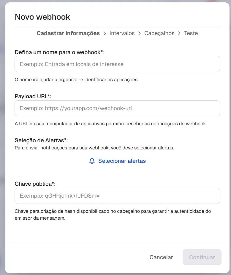 Drawer "Novo webhook" na etapa "Cadastrar informações", com os campos nome, Payload URL, seleção de alertas e chave pública