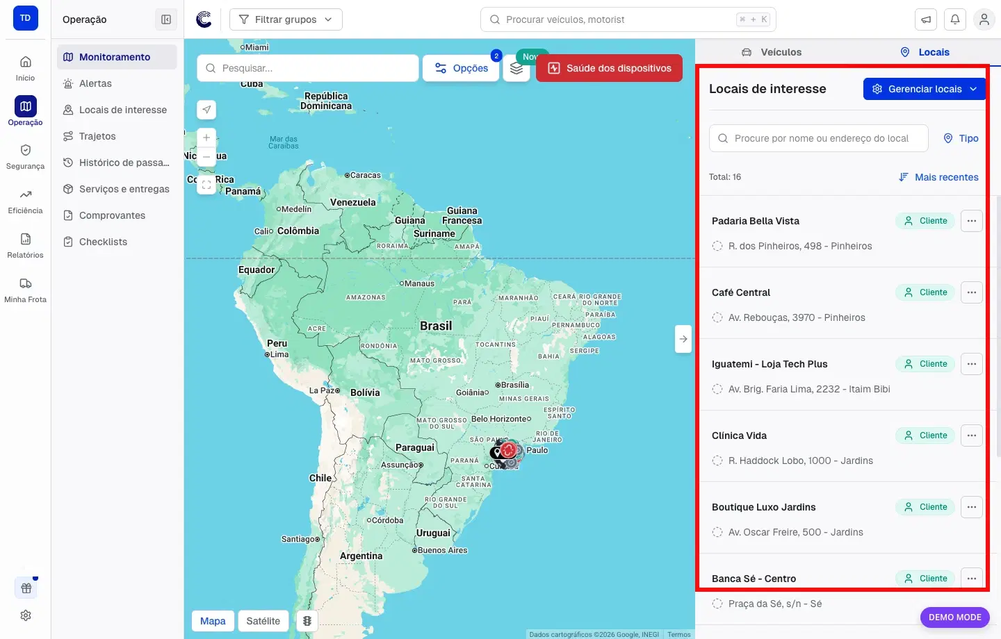 Aba Locais do Mapa de monitoramento destacando a lista de Locais de Interesse ao lado do mapa