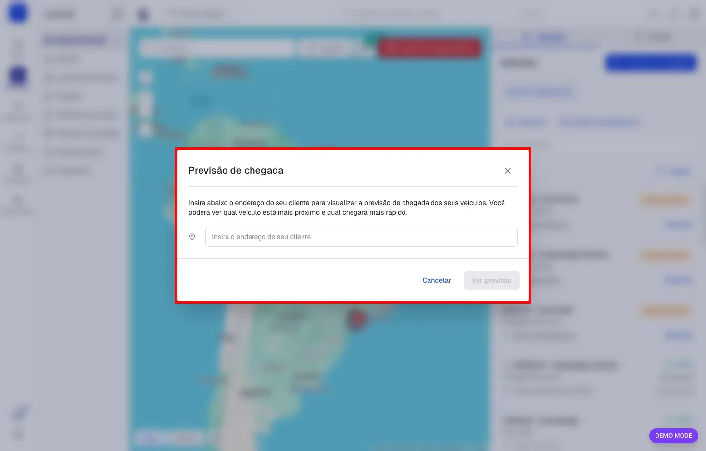 Modal de Previsão de chegada do Monitoramento com campo para informar o endereço do cliente destacado