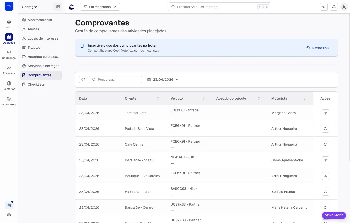 Lista de Comprovantes com cliente, veículo, motorista e ação para ver comprovante