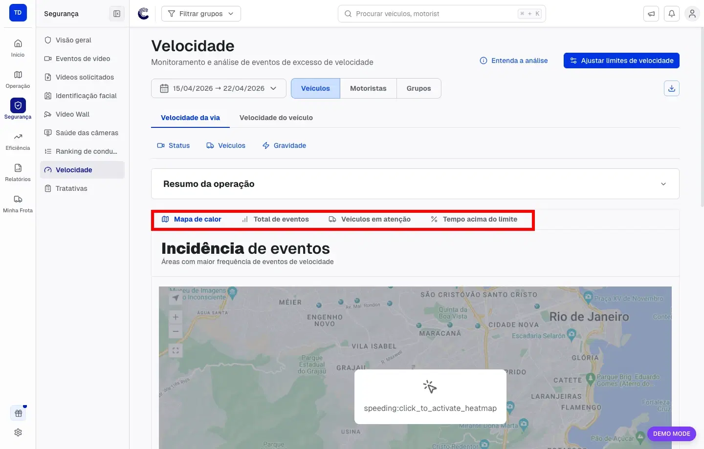Abas da análise de velocidade destacadas para comparar os eventos