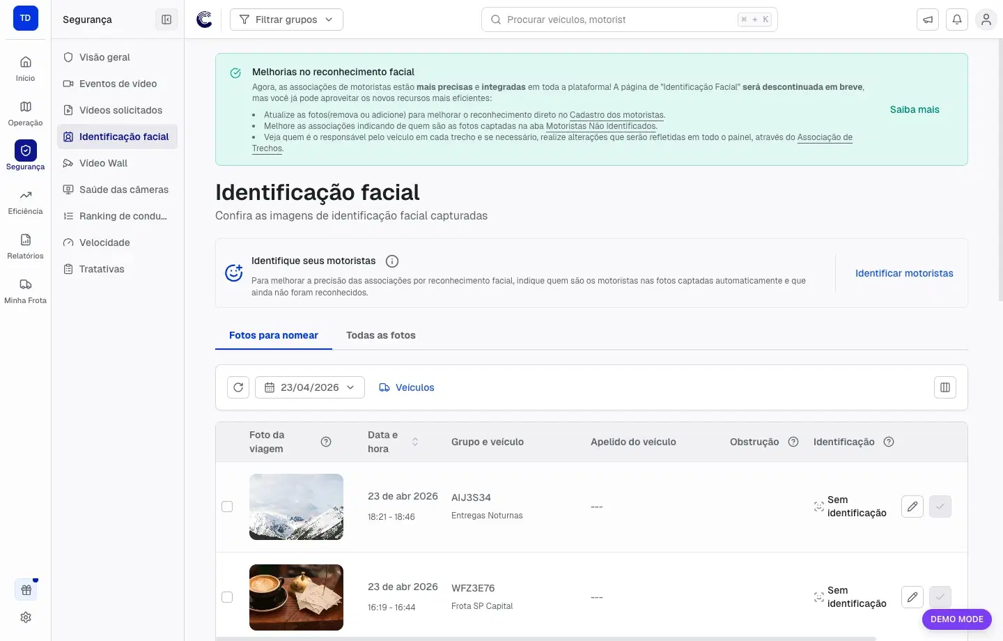 Identificação facial com abas Fotos para nomear e Todas as fotos, data, filtro de veículos e tabela de imagens