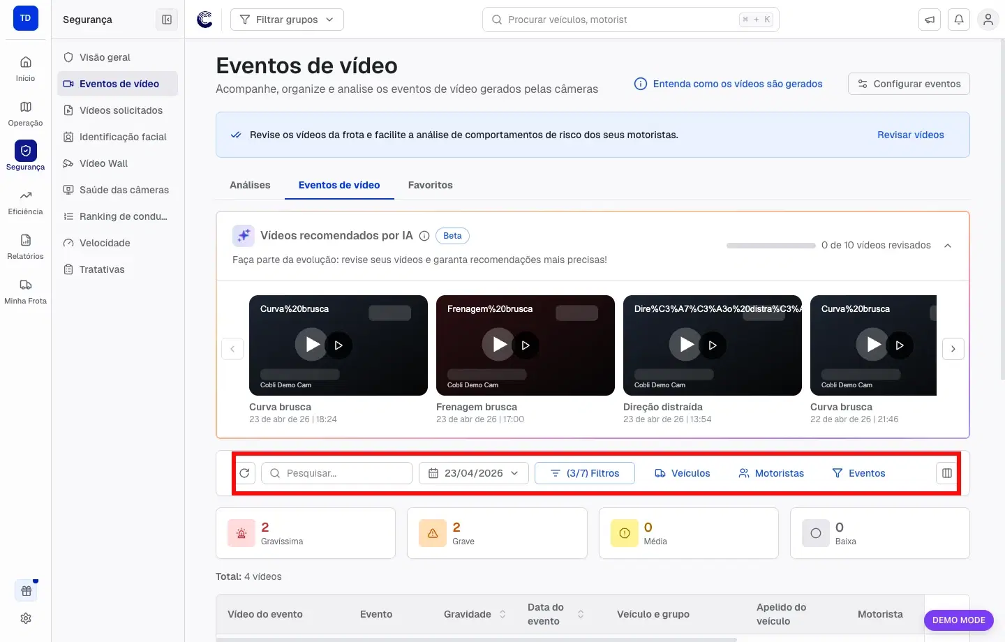 Fila de Eventos de vídeo com busca e filtros destacados, ponto de partida para abrir os itens que ainda precisam de revisão