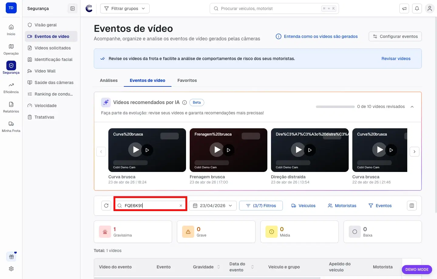 Campo de pesquisa preenchido na fila de Eventos de vídeo para localizar um veículo específico