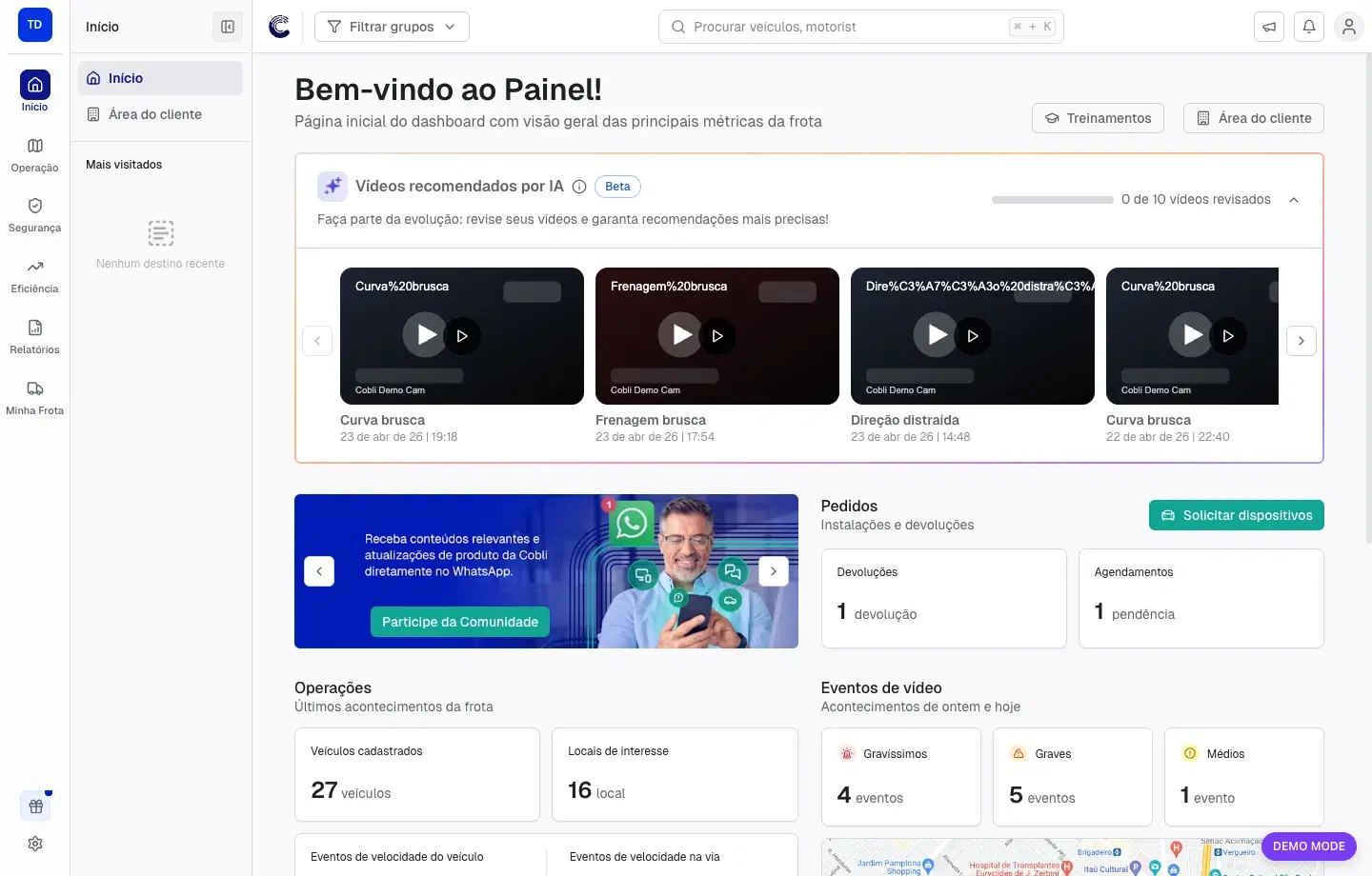 Tela inicial do Painel Cobli com menu lateral, busca global, Área do cliente e cartões de acompanhamento da operação