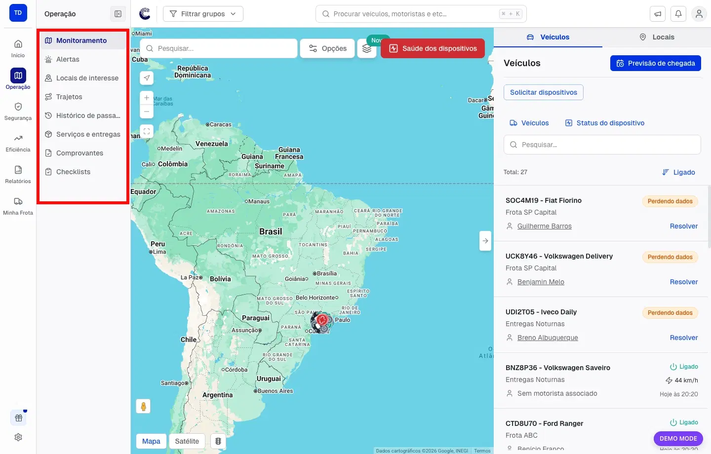 Painel logado com o menu lateral principal destacado para validar o acesso inicial