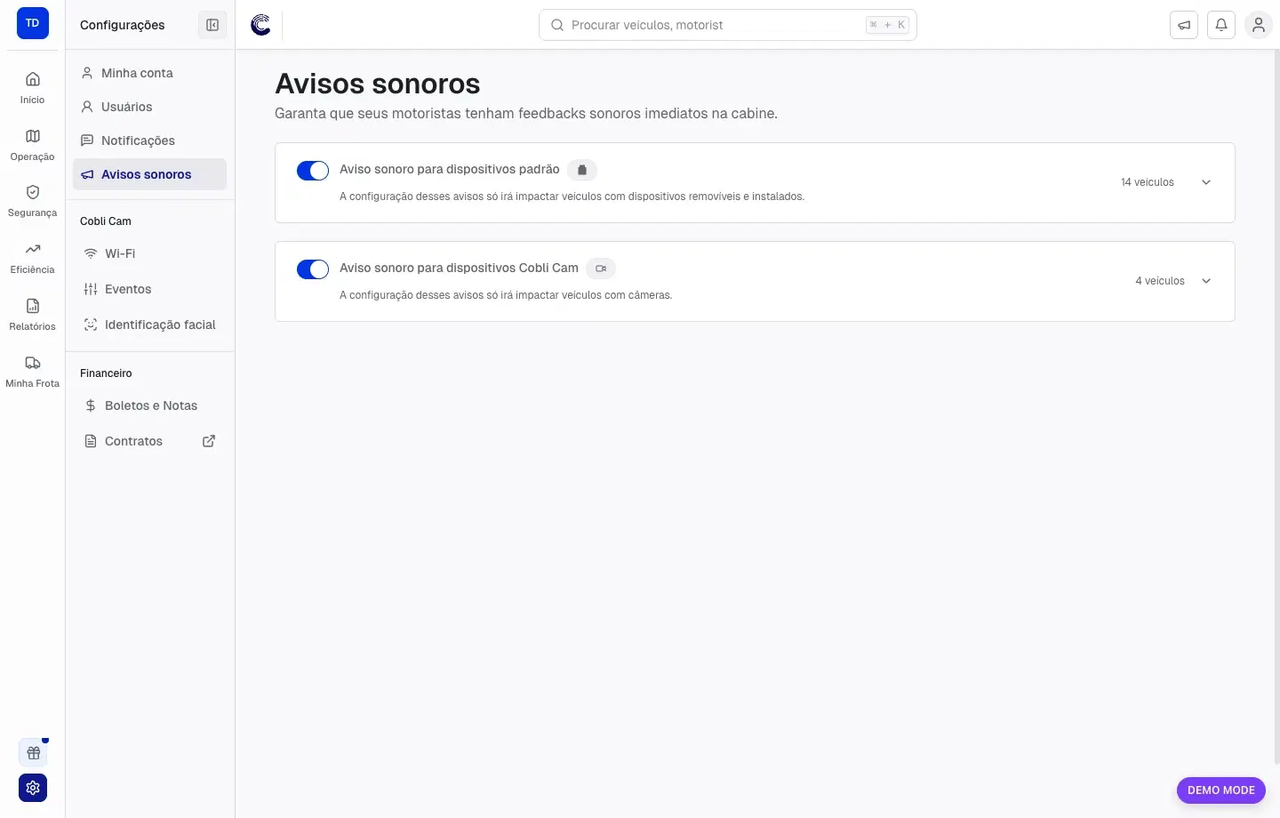 Tela Avisos sonoros com opções para dispositivos padrão e Cobli Cam