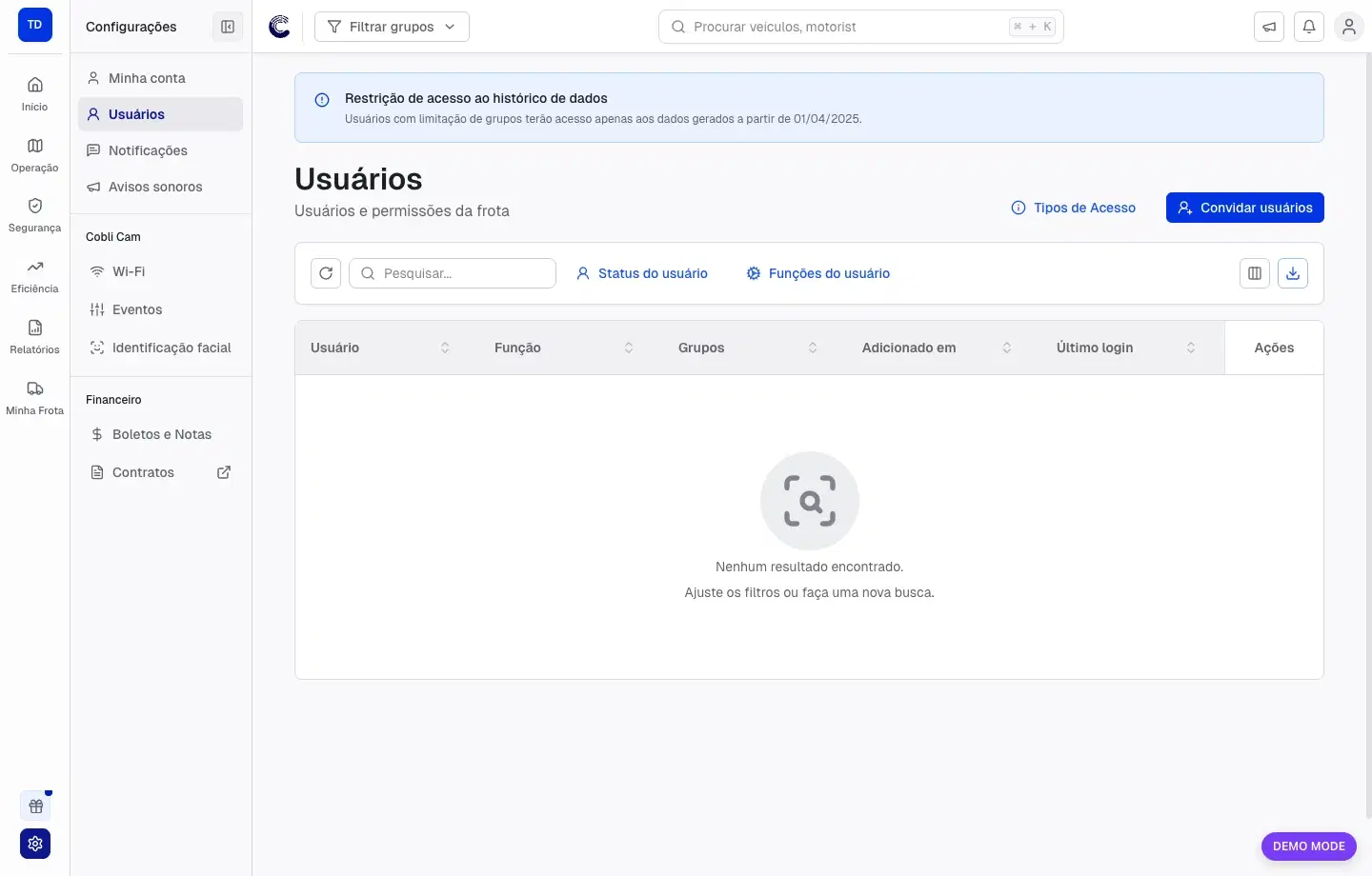 Tela de Usuários com filtros, colunas de função, grupos e convite
