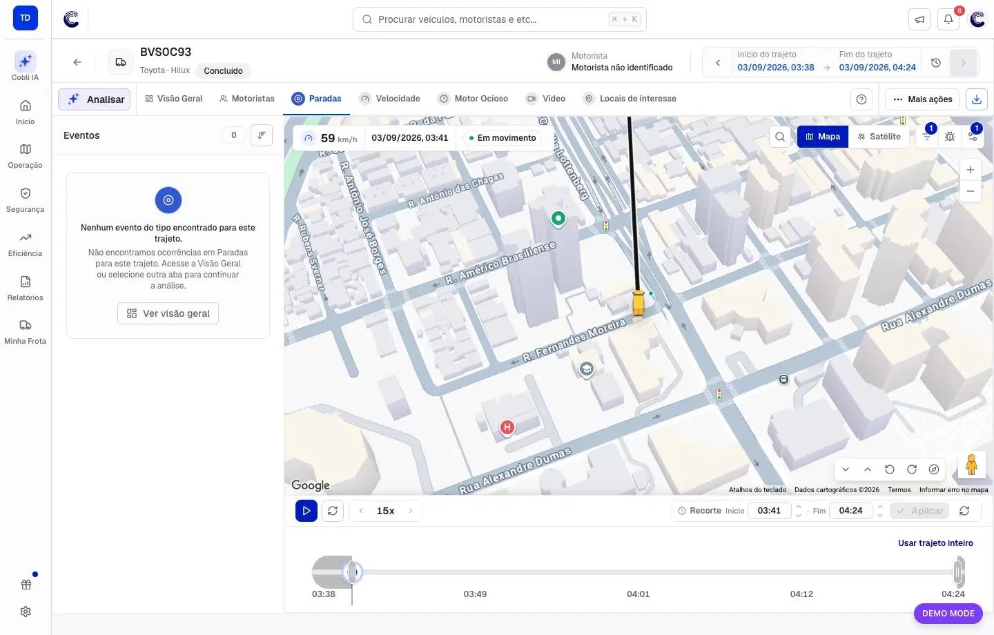 Aba Paradas do Trajeto Replay com lista de eventos e mapa