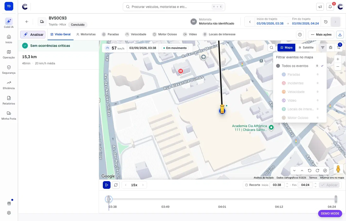Menu para escolher os tipos de eventos exibidos no mapa do trajeto