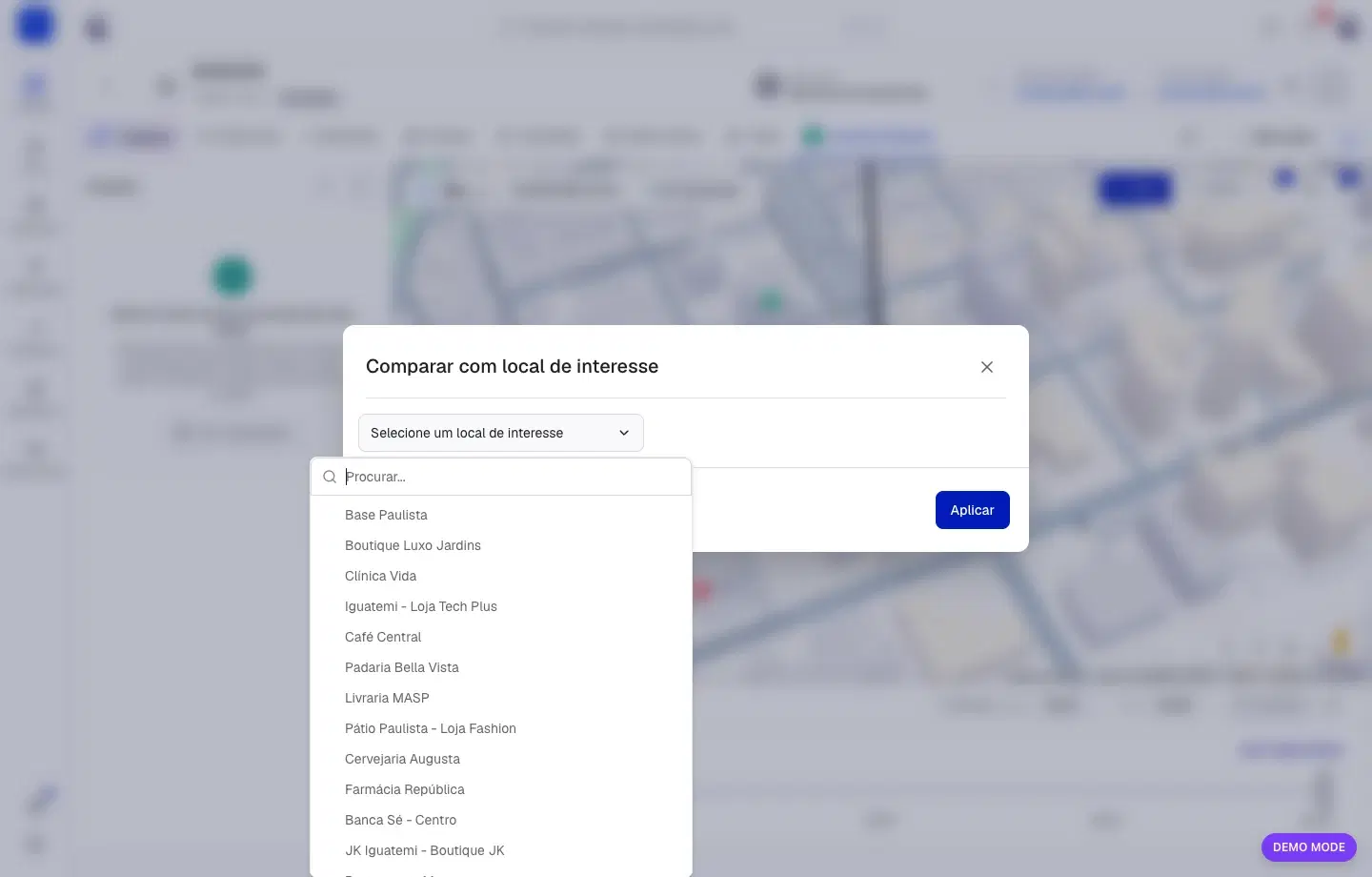 Janela para pesquisar e selecionar um Local de Interesse para comparação