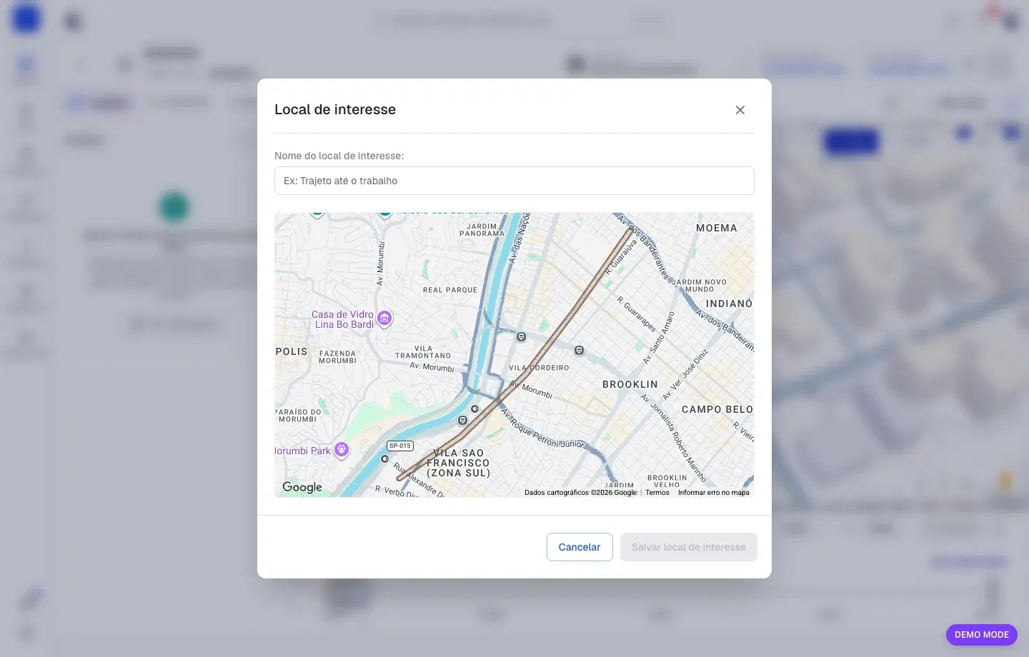 Janela para nomear e salvar um Local de Interesse criado a partir do trajeto