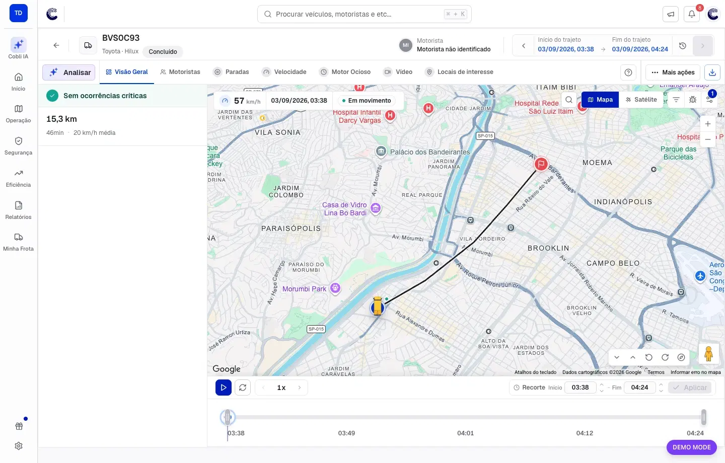 Nova tela Trajeto Replay aberta na aba Visão Geral, com resumo, mapa e controles de reprodução