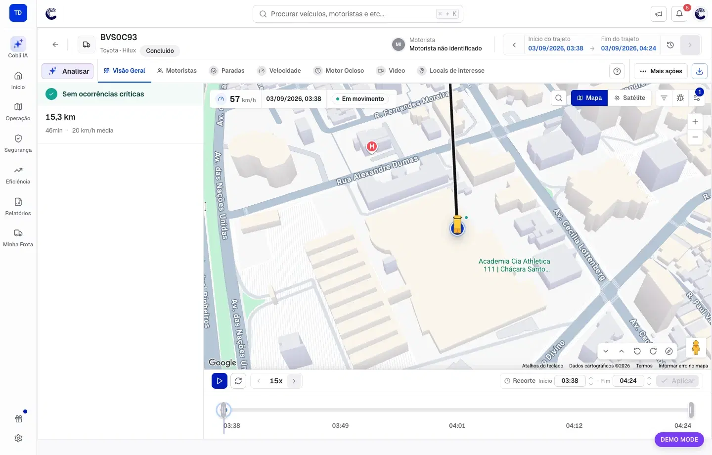 Controles do Trajeto Replay com velocidade de reprodução aumentada