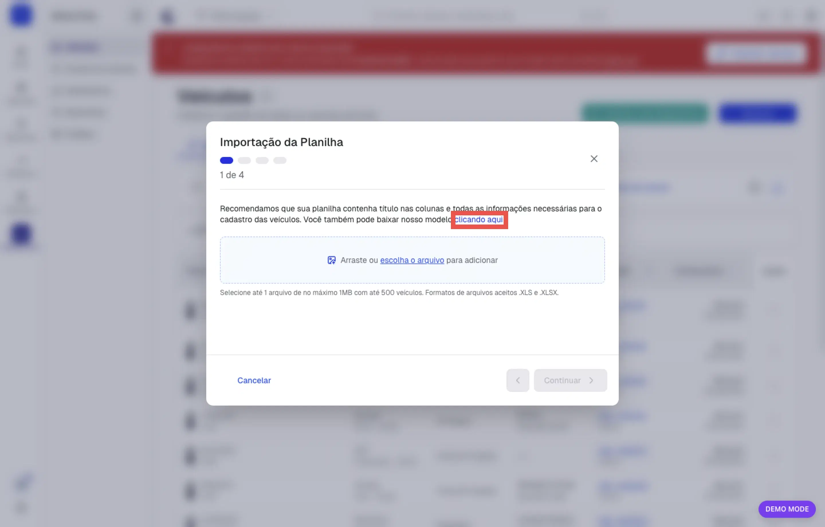 Tela de importação em lote com link para baixar o modelo de planilha