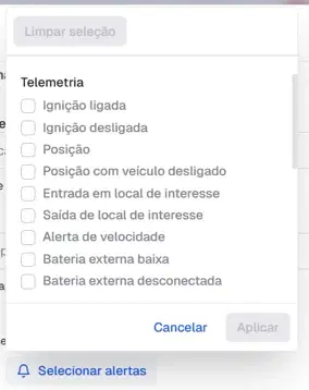 Dropdown de seleção de alertas do webhook, com o grupo Telemetria expandido