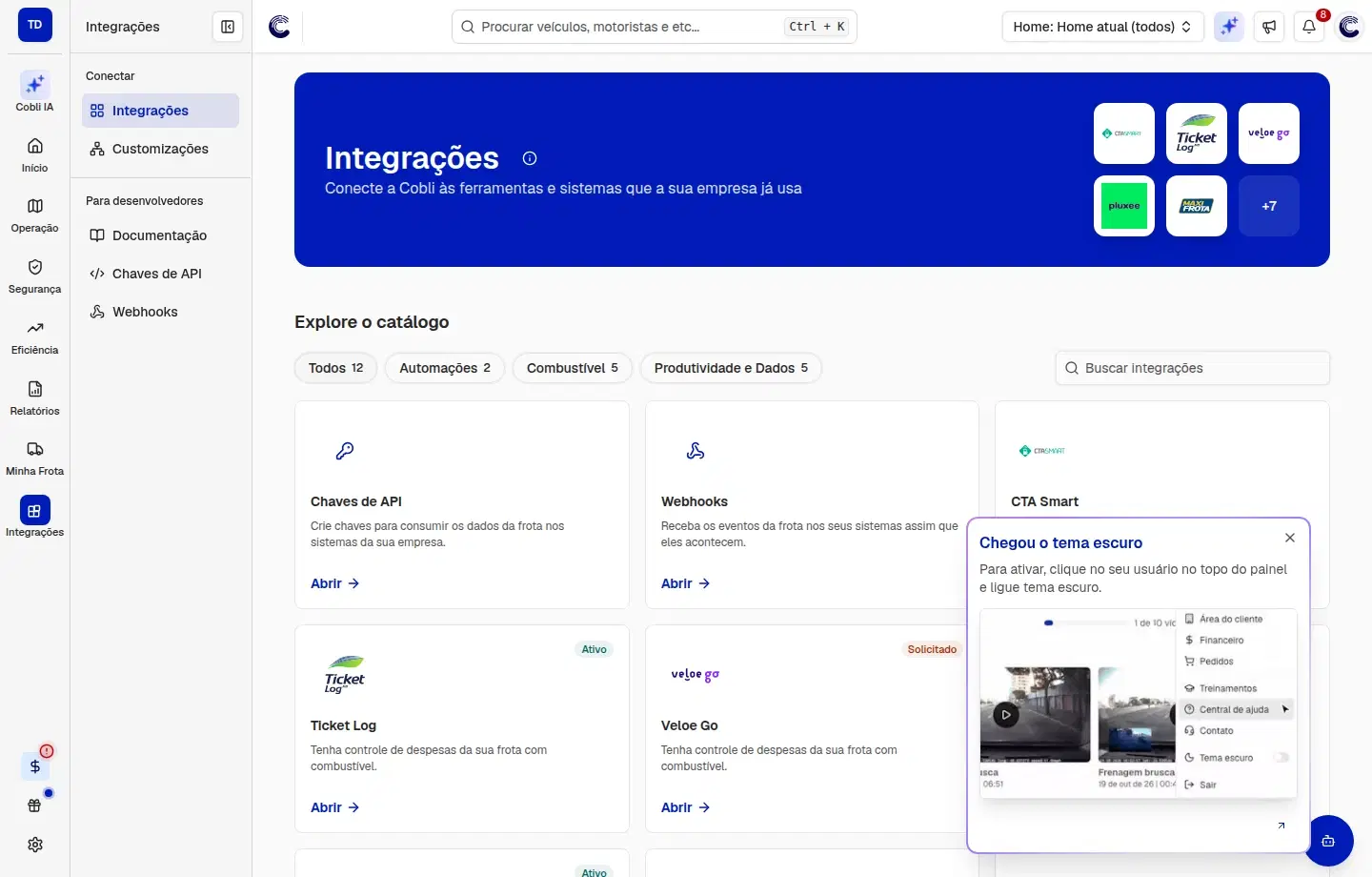 Tela Integrações com o título, as categorias Todos, Automações, Combustível e Produtividade e Dados, o campo Buscar integrações e os cartões do catálogo.