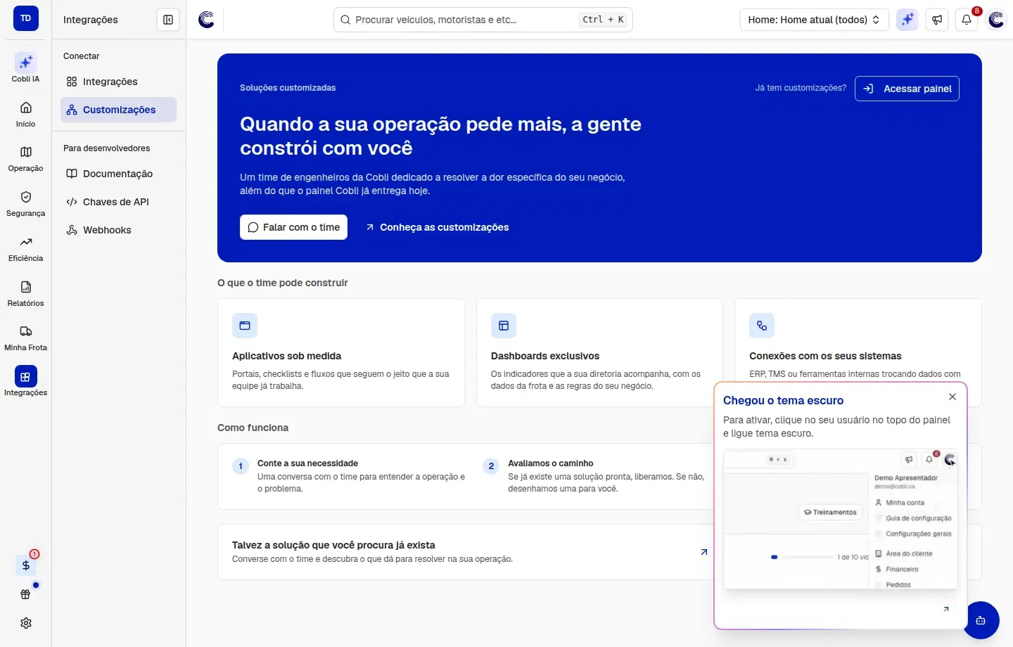 Tela Customizações com o banner de abertura e o botão Acessar painel, o título Quando a sua operação pede mais, a gente constrói com você, os botões Falar com o time e Conheça as customizações e os três cartões do que o time pode construir.