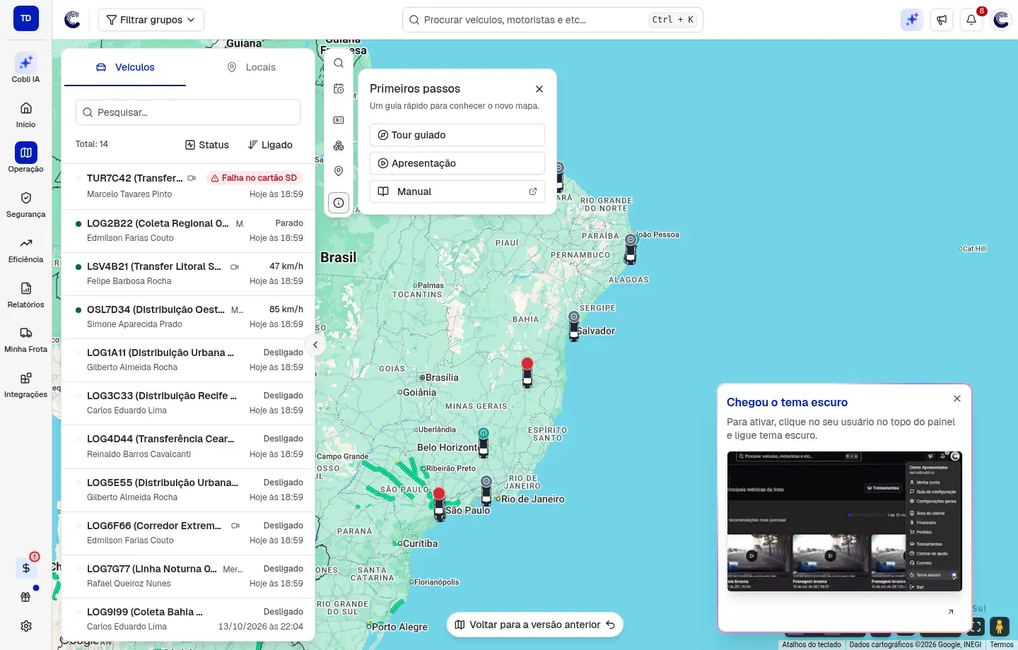 Mapa de monitoramento com o cartão Primeiros passos aberto ao lado da barra de ferramentas, com as ações Tour guiado, Apresentação e Manual.