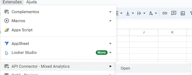 Menu Complementos com API Connector e a opção Open