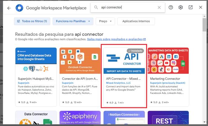 Loja de complementos do Google com a extensão API Connector