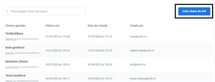 Botão Criar chave de API na página de APIs