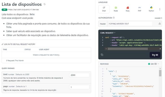 Exemplo de requisição com o header cobli-api-key na documentação da API