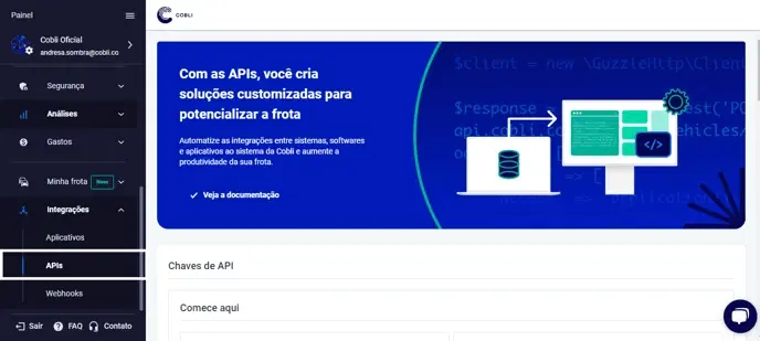 Menu Integrações com a opção APIs no painel da Cobli