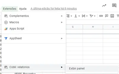 Menu Extensões com a opção Cobli: relatórios e Exibir Painel