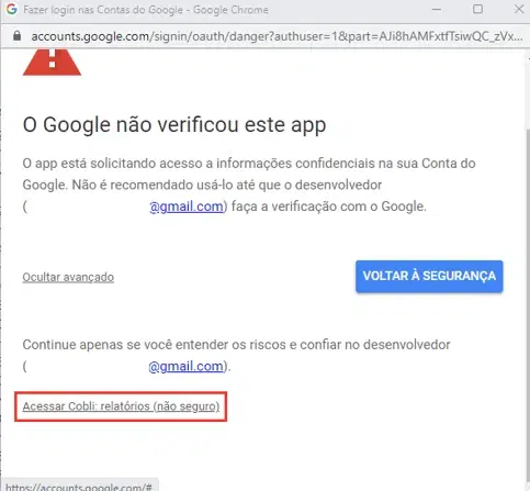 Opção Avançado na tela de autorização do Google