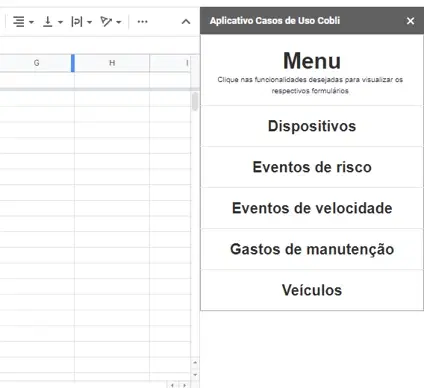 Menu lateral da extensão Cobli: relatórios na planilha