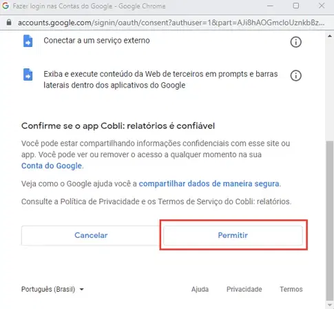 Botão Permitir na tela de autorização do Google